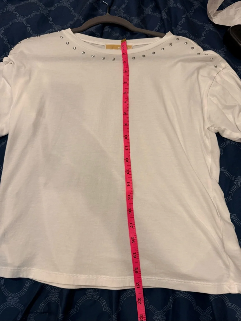 Michael Michael Kors White Studded Neck Tee Size Small Silver Embellished Top